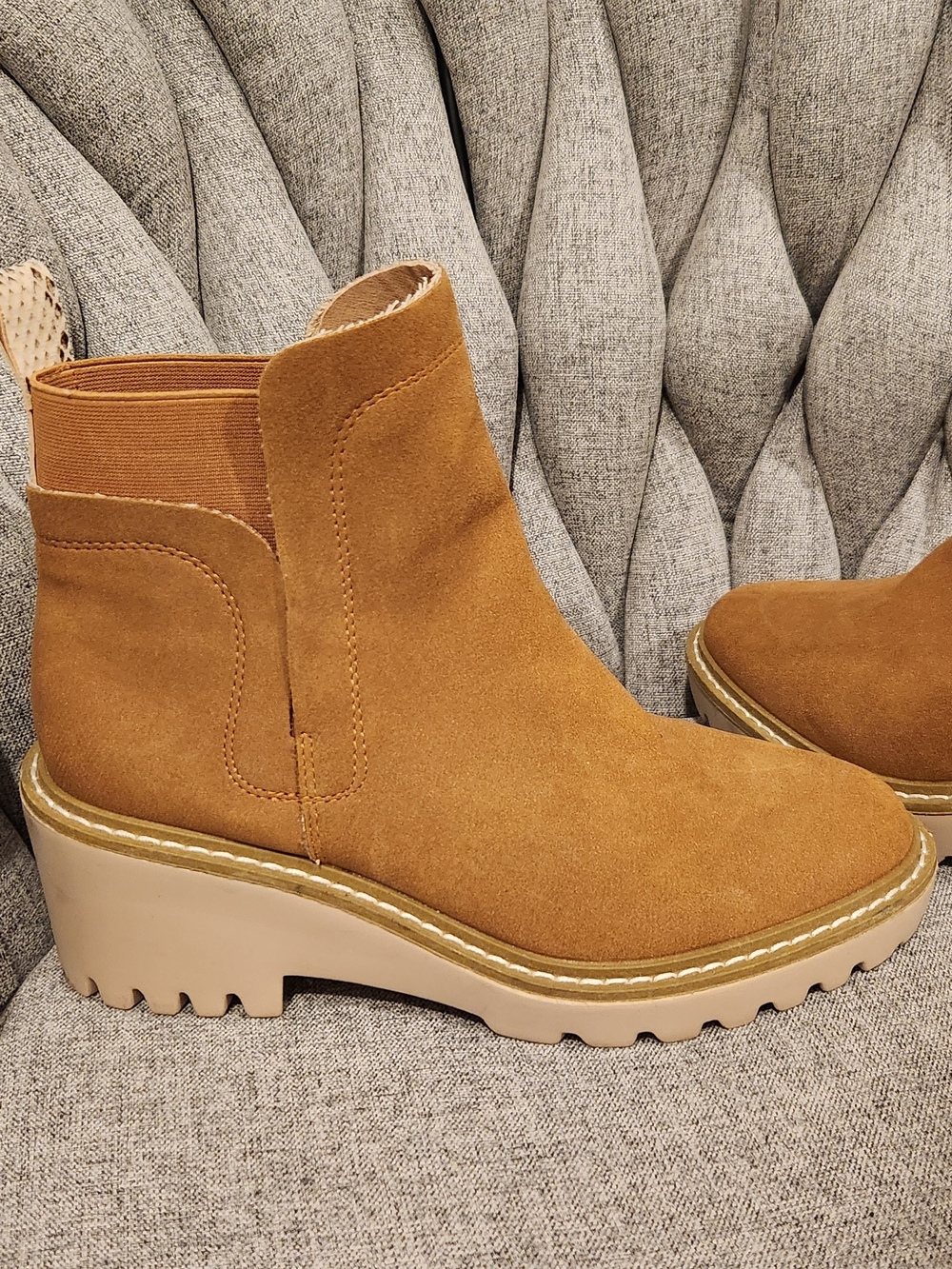 Nicole Miller Tan Suede Chelsea Wedge Booties